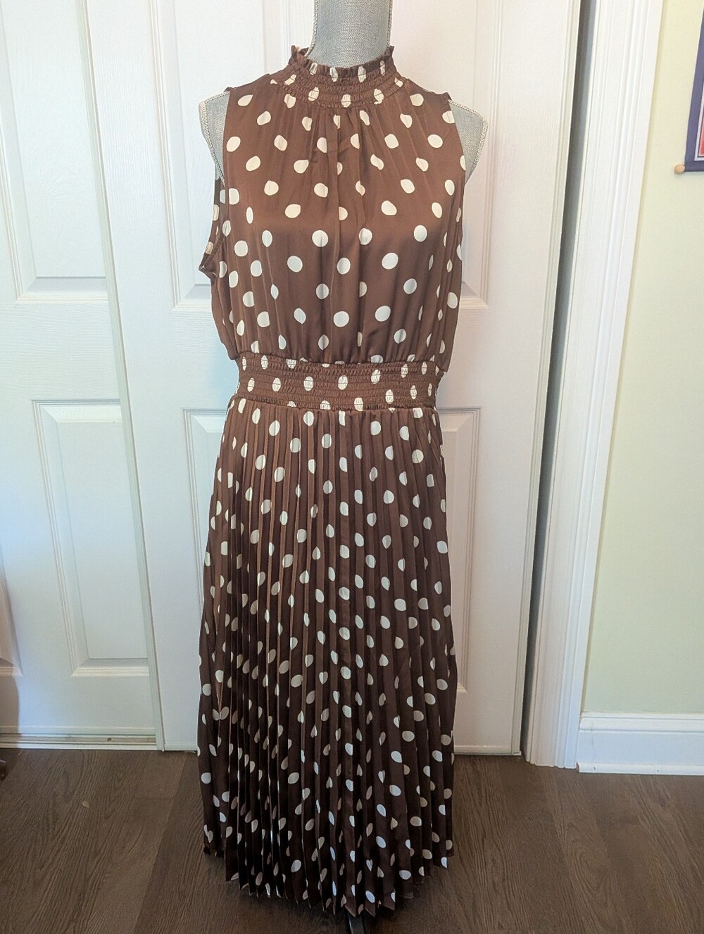 Brown Polka Dot Sleeveless Smocked Waist Dress